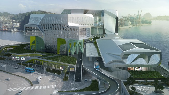 A passenger drop-off ramp meanders through the second level of the complex.