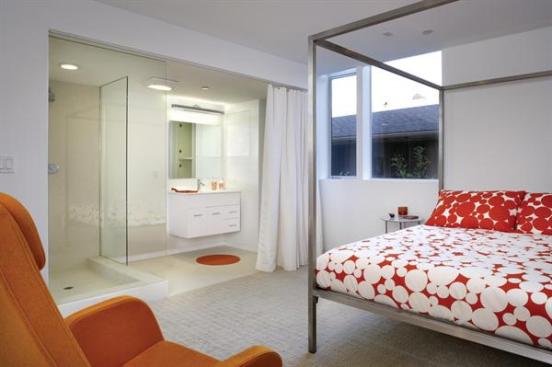 The bedrooms are spare and stylish. 
