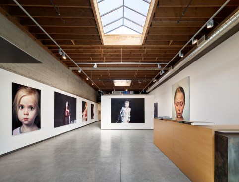 Two story skylit main gallery with mobile walls that can be reconfigured as needed.