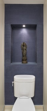 Image of the toilet wall in the small powder room with display niche.