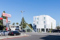 A Hydrotech green roof system covers the retail and community pavilion at the front of the site.