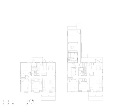 Existing floor plan at left, renovation plan at right