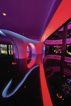 Entrance threshold to Sphere, Las Vegas. ICRAVE designed the entrance thresholds and doorways into Sphere as circles and arches, while black terrazzo flooring reflects the light.