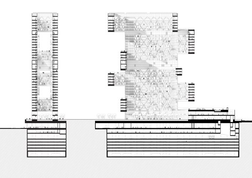 Building sections (transverse at left, longitudinal at right).