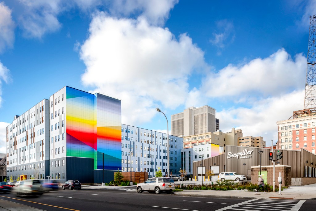 CannonDesign's 201 Ellicott multi-use building with a mural by Josef Kristofoletti