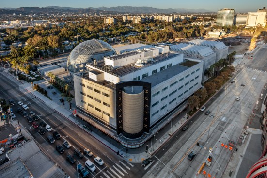 Aerial to the northeast, the Academy Museum of Motion Pictures