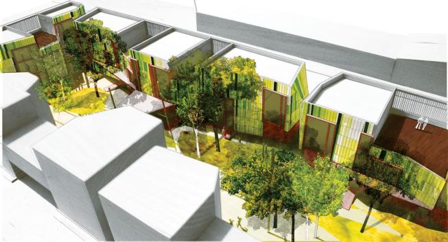 The courtyard-facing walls of the housing blocks are clad in concrete board panels painted with a pixelated image of a treescape.