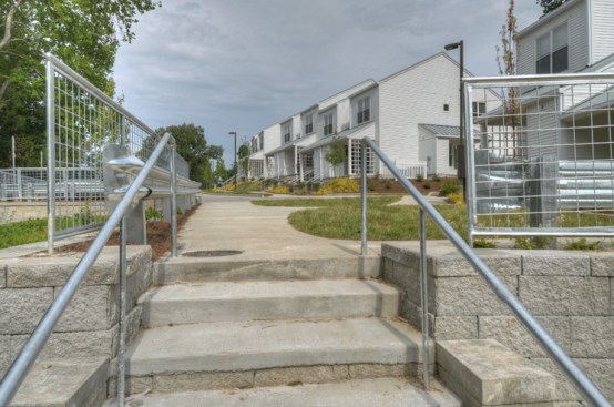 View of townhomes from pedestrian walkway