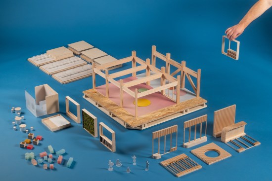 A model of the modular wood system designed by OMA and Circlewood
