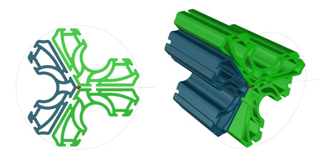 Three modules, two of which (green) have identical cut-off angles, would connect with a clip or cement at the attachment point (red dot).