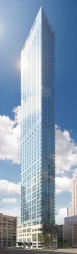 The W New York-Downtown Hotel & Residential Condominiums is located by the World Trade Center Memorial Site and features a 57-story-high curtain wall with gridded panes of clear, white, and gray glass. Designed by Gwathmey Siegel & Associates Architects, the project—which features 217 hotel rooms and 222 residences—is scheduled to open this summer.