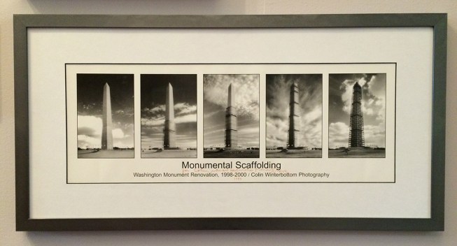 A poster depicting the late 1990s Washington Monument scaffolding and original scrim design by Michael Graves.