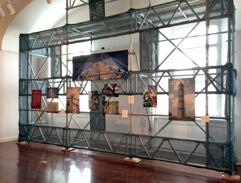 A small piece of the scaffolding and scrim used in the Washington Monument repairs is installed at the exhibition.