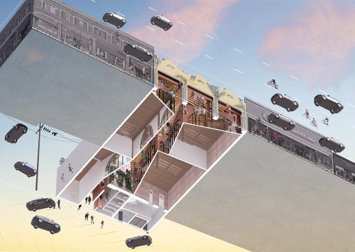 Shown here through a wormâs eye axonometric, a passageway aimed at supporting walkability traces through Atwater Canyon.