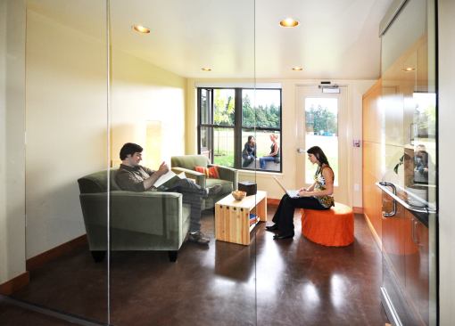 Tempered glass doors let in light but provide a quiet place to work in the study room.