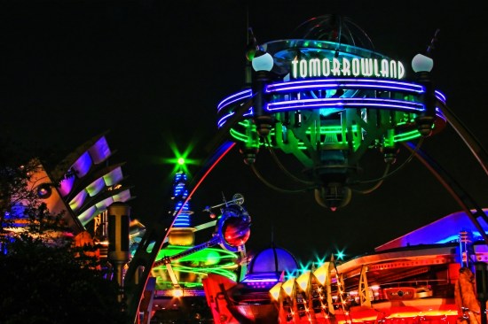Tomorrowland at night at the Magic Kingdom of Walt Disney World in Orlando, Fla.