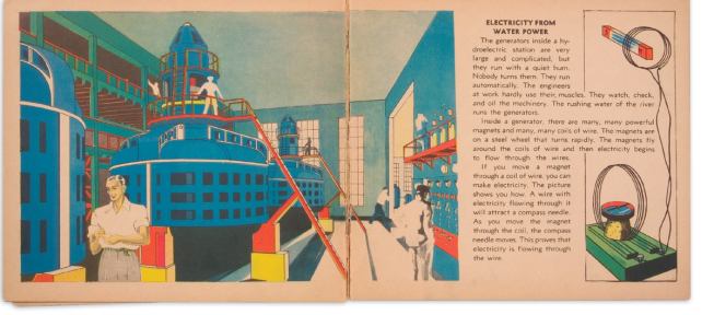 With awe, Electricity Comes to Us explains, “The generators inside a hydroelectric station are very large and complicated, but they run with a quiet hum. ... The engineers at work hardly use their muscles.” Options



beyond hydropower and coal exist for rural co-ops today. Approximately 11 percent of co-ops are powered by



renewable resources, such as wind power and biomass fuel, “and the number continues to grow,” according to



Patrick Lavigne of the NRECA. The association keeps rural co-ops informed of incentives and strategies to go green—whether in choice of power or architectural design of their headquarters.