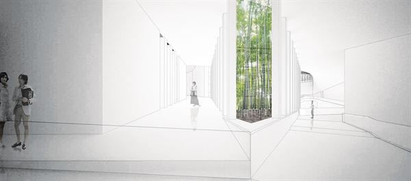 This interior rendering shows the convergence of paths that lead to multiple gallery spaces. Light filters in through a central greenhouse. The view into this verdant space gives visitors a sense of openness despite being ensconced within the mass of the building.