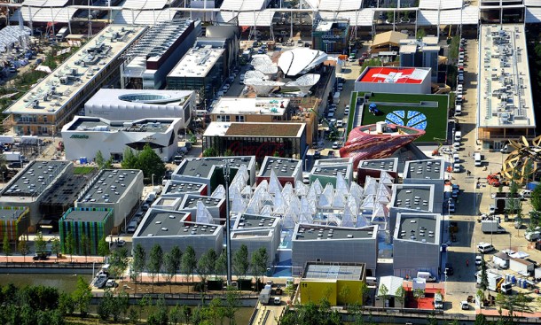 Aerial views of the 2015 Milan Expo grounds.