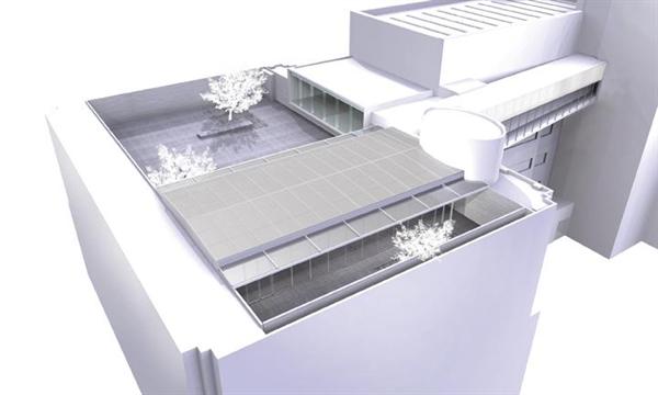 This aerial rendering shows the garden?s overall floorplan with the pavilion (in the foreground) and the overlook bracketing the main outdoor exhibition space and the pedestrian bridge connecting the garden to the Botta building at right.