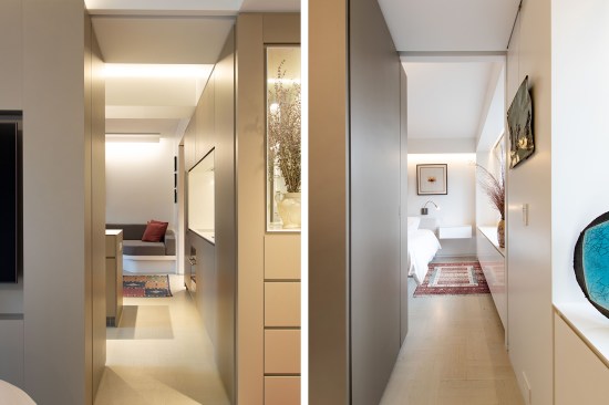 Linear light coves were incorporated into the existing structural beams whenever possible to wash the ceilings in light. Linear lights were also incorporated along the backside of the white sleeves that make up the niches.