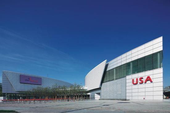 U.S. pavilion - Clive Grout Architect

The map in the lobby of the pavilion (which was designed by a Canadian firm) identifies only three U.S. states—Texas, Tennessee, and Hawaii—because only those three gave money. Dismaying.