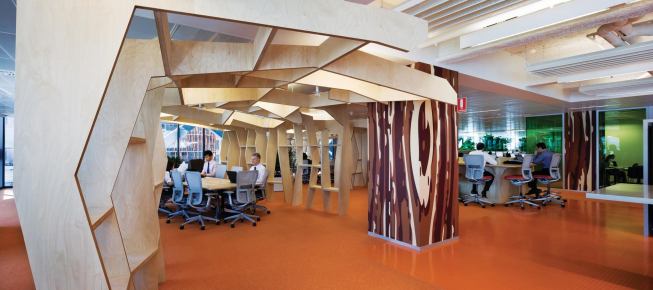 Working with workplace consultants Veldhoen + Co., the architects determined that formalized desking options were not necessary for the majority of the bank's operations. Instead, the design centers around different "neighborhoods" and "plazas" that offer a variety of workspaces that can accommodate the different types of work being carried out within each department.