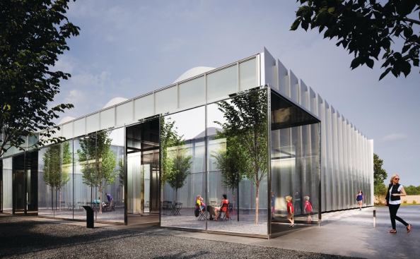 Outside (and reflected by) the entry canopy is an informal seating area for visitors. Covered by porous gravel pavement that admits rainwater into filtration beds, the area is part of a larger water-management strategy that includes collecting roof and roadway runoff into a 90,000-gallon cistern, which is used for irrigation and maintaining water levels in the site's reflecting pools.