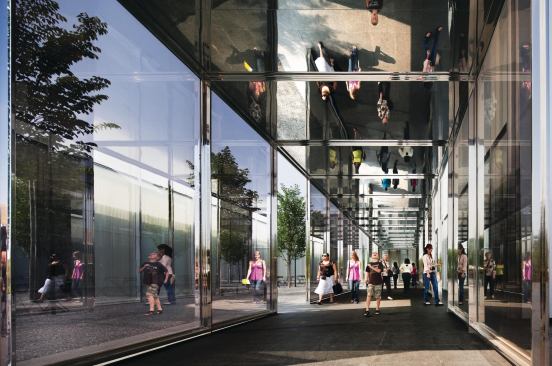 The canopy creates a shaded indoor-outdoor entry sequence into the new building, with glass walls that allow views out to one of the five courtyards inset into the floorplan and a stainless steel ceiling that reflects the patrons entering or leaving the building. The canopy ends at tall glass entry doors that lead into the main sculpture hall, the central space around which the other 40 galleries are organized.