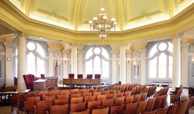 Many of the historic spaces, such as the central stair, city manager?s office , and council chambers, needed little heavy-duty restoration work, but low-energy lighting and sprinklers were added throughout.