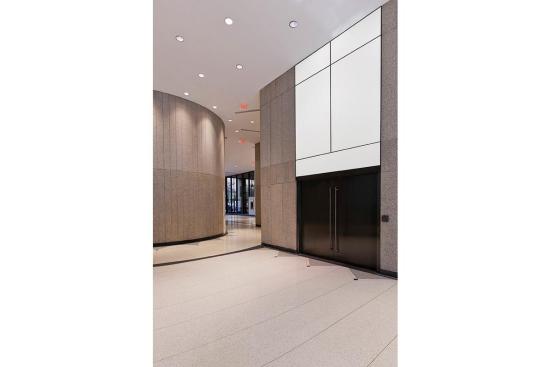 LightPlane Panels in ViviChrome Chromis glass with White interlayer and Opalex finish shown illuminated at the Brandywine Building, Wilmington, Delaware