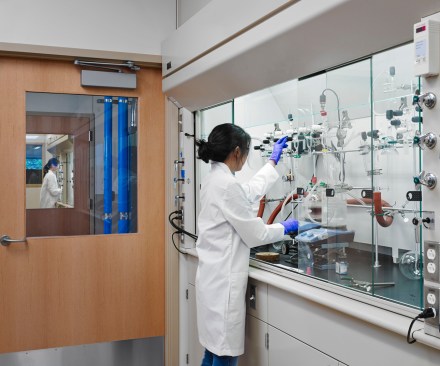 The transparency of the design allows researchers to see through the glass windows in the doors to the service corridor to flanking fume-hood intensive catalysis labs, and into the offices and the outdoors beyond.