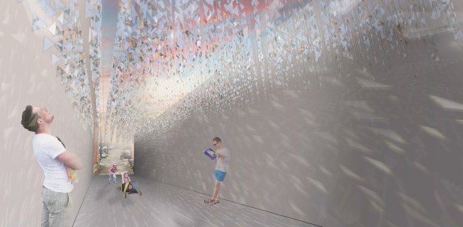 Australian design firm Office Feuerman suspended more than 800 CNC-milled, carbon-fiber rods above the alleyway, anchoring 6,000 styrene triangles precision-placed with a six-axis robotic arm. "Urban Chandelier" is a luminous display that reflects natural light during the day and artificial light after dark, and moves gently in the breeze.