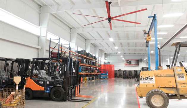 Lift Truck Center’s MacroAir fan acts as an efficient cooling solution for the company’s warehouse. Their MacroAir fan has a light kit with custom red blades to also stand out as an aesthetically pleasing touch to the space.