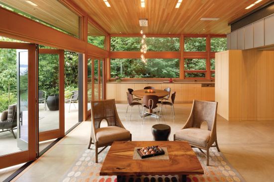 WINDOWS A variety of Energy Star–qualified, triple-glazed, aluminum-clad wood windows from Loewen, including fixed, casement, and awning styles, deliver high performance, passive ventilation, and sound attenuation. The windows’ Douglas fir frames, extruded aluminum cladding, and factory-applied Kynar-based cladding paint result in low maintenance and durability. Argon-filled glass helps the units achieve a U-value of 0.12 and SHGC of 0.24 to control thermal transfer and heat gain. 800.563.9367. 
www.loewen.com.