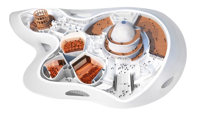 Axon diagram of the museum showing the spiral ramp, three theaters, classrooms, galleries, and library space.&nbsp;(Sept. 18, 2015)