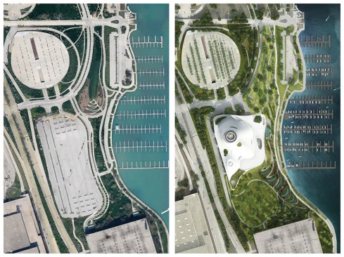 The site today (left) and the site with the proposed museum and park (right).&nbsp;(Sept. 18, 2015)