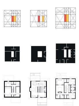 RZLBD / Albers House / diagrams: geometry, spatial organization (anti-drawing), layout