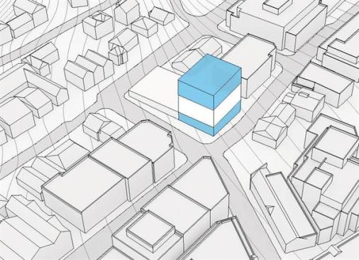 Massing diagram: Two new galleries top out at 80 feet, the height of the historic Coalition Building, which was, until it burned down in the 1980s, Park City's tallest building.