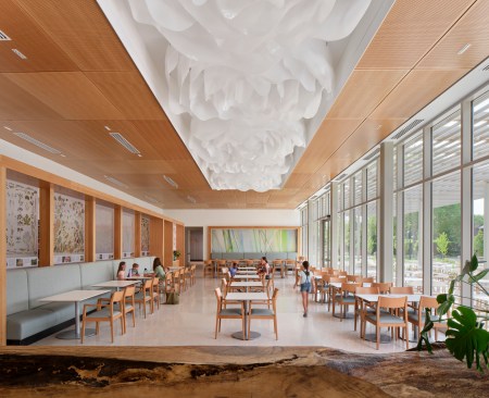 A ceiling depicts roses in full bloom at the Sassafrass Restaurant at the Missouri Botanical Garden