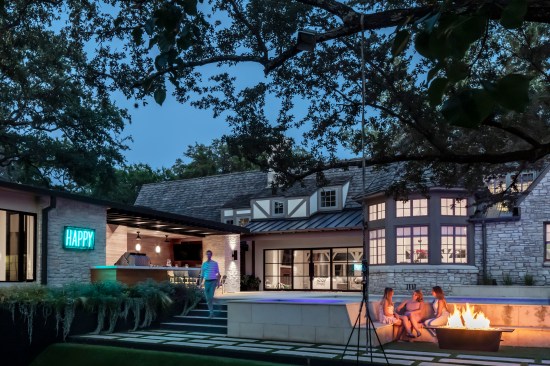 Outdoor Living Space Dusk with Fire