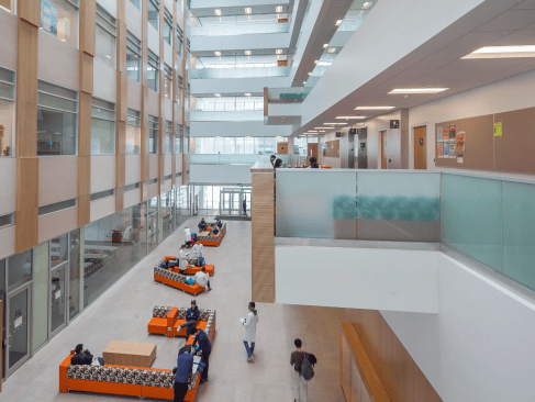 The  skylit forum and crossroads are designed to encourage collaboration and exchange. 