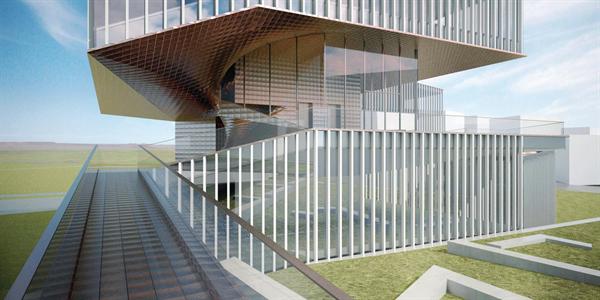 View up ramp to connecting building.