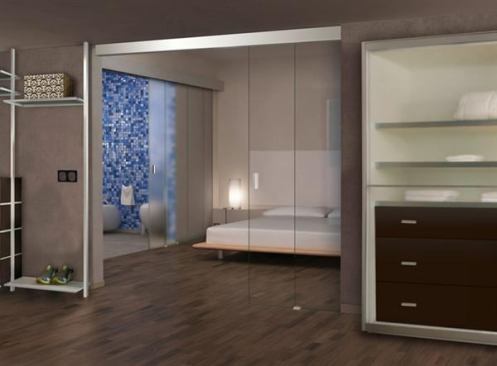 EXTENDO glass works to bring visual symmetry to bath, sleeping and dressing areas.