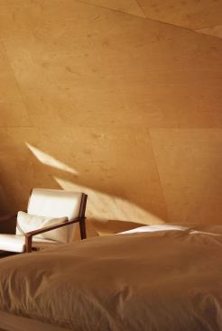 Detail showing the birch wall panels and sunlight being reflected.