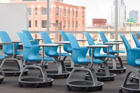 The Node chair, a collaborative effort between Ideo and Steelcase, was introduce in 2010 as the first product from Steelcase Education Solutions. The chair enabled mobility and reconfiguration for collaborative or individual study.