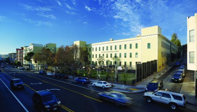The San Francisco Friends School is located in a largely residential area in the Mission District. The building is fronted by a play yard that is fenced in from the street and has a basketball court, a playground, and bleacher seating for outdoor assemblies.