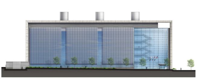 South elevation showing louver deployment across the fa&ccedil;ade.