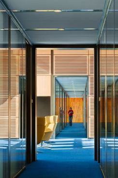 Artist-designed colored glass installations in the  office corridors are backlit by LED strips. 13W downlights in 6-inch metal  ceiling strips organize the lighting within the corridors architectural  spacing.