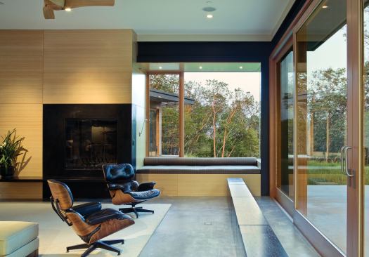 Glazing in the main living pavilion is oriented for solar gain and views of the surrounding Madrone forest.